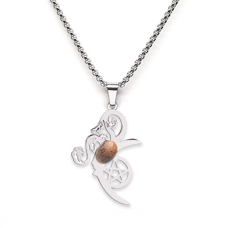 Moon Flower Stainless Steel Necklace  Natural Gemstone Cabs Pendant With 50CM Chain