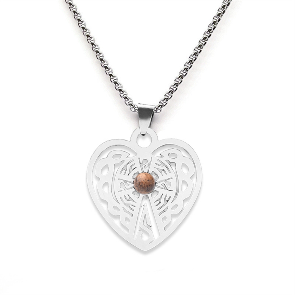 Heart Stainless Steel Necklace  Natural Gemstone Cabs Pendant With 50CM Chain