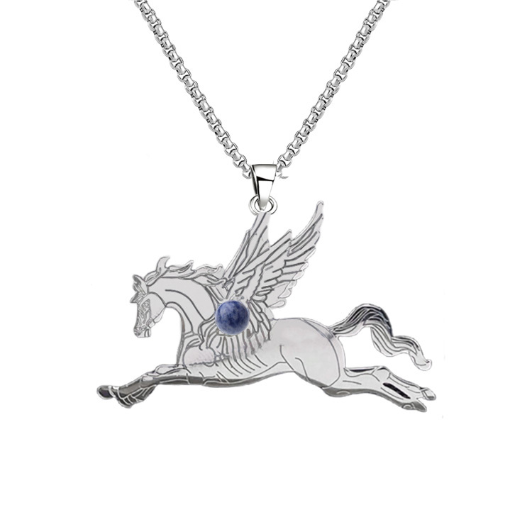 Natural Gemstone Cabochons Stainless Steel Pegasus & Flying Horse Pendant Necklace with 50CM Chain
