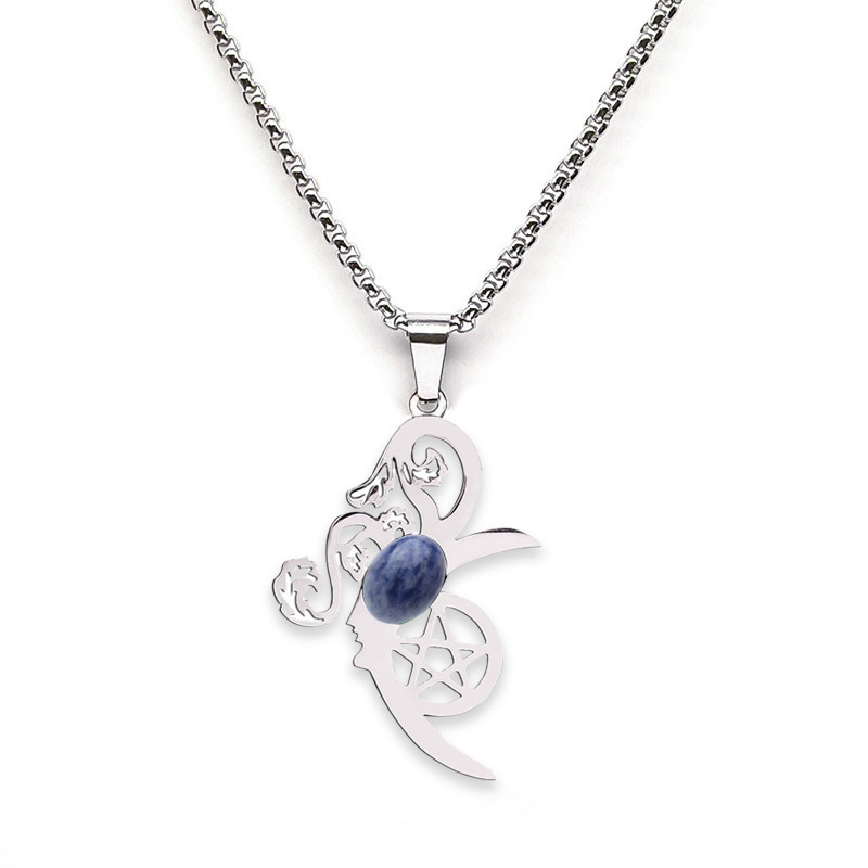 Moon Flower Stainless Steel Necklace  Natural Gemstone Cabs Pendant With 50CM Chain