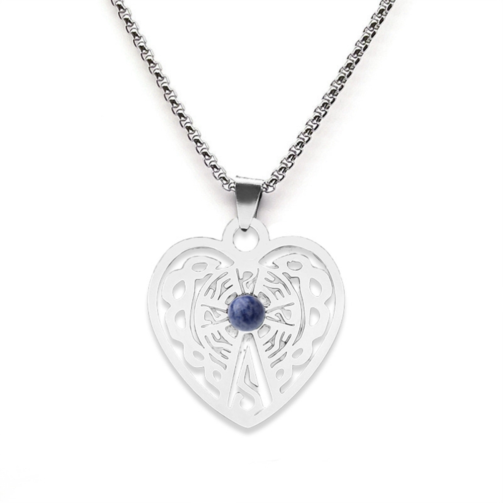 Heart Stainless Steel Necklace  Natural Gemstone Cabs Pendant With 50CM Chain