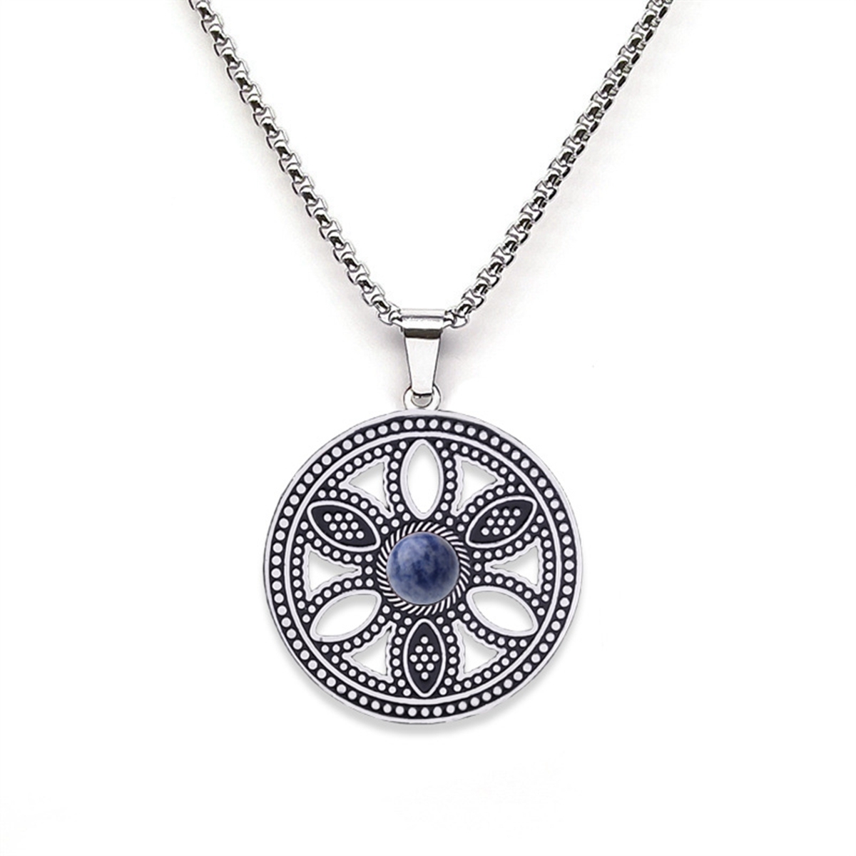 Hollow Round Flower Stainless Steel Necklace Natural Gemstone Cabs Pendant With 50CM Chain