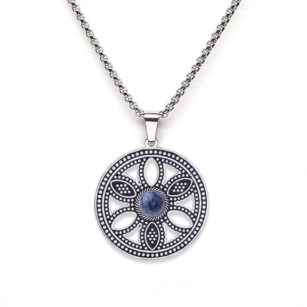 Hollow Round Flower Stainless Steel Necklace Natural Gemstone Cabs Pendant With 50CM Chain