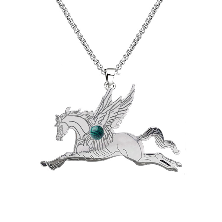 Natural Gemstone Cabochons Stainless Steel Pegasus & Flying Horse Pendant Necklace with 50CM Chain