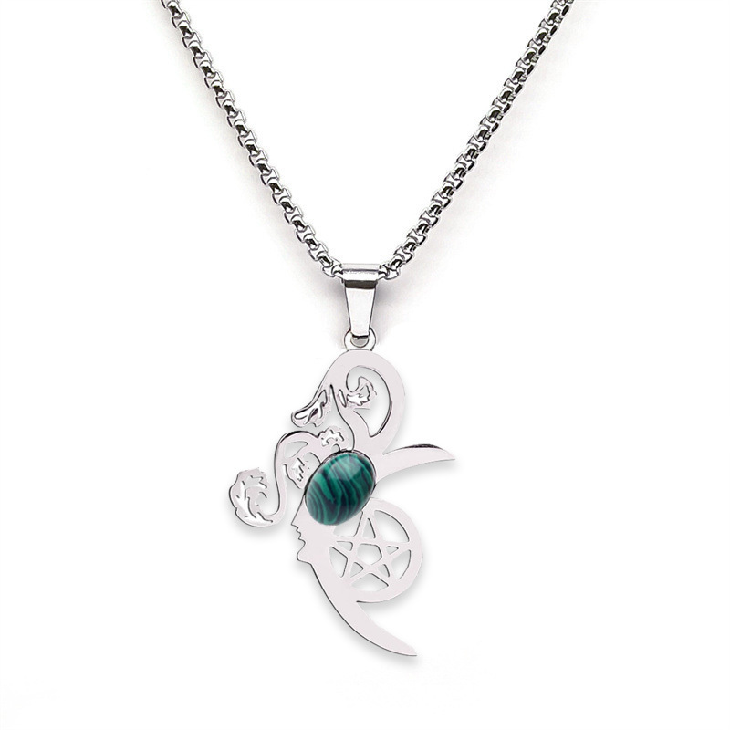 Moon Flower Stainless Steel Necklace  Natural Gemstone Cabs Pendant With 50CM Chain