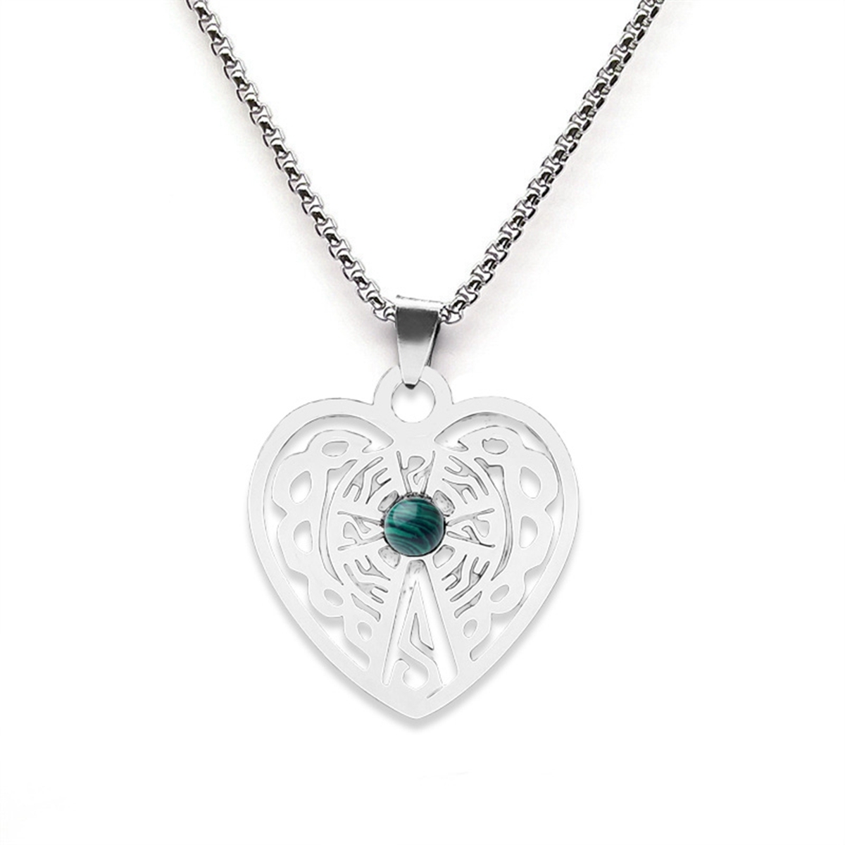 Heart Stainless Steel Necklace  Natural Gemstone Cabs Pendant With 50CM Chain