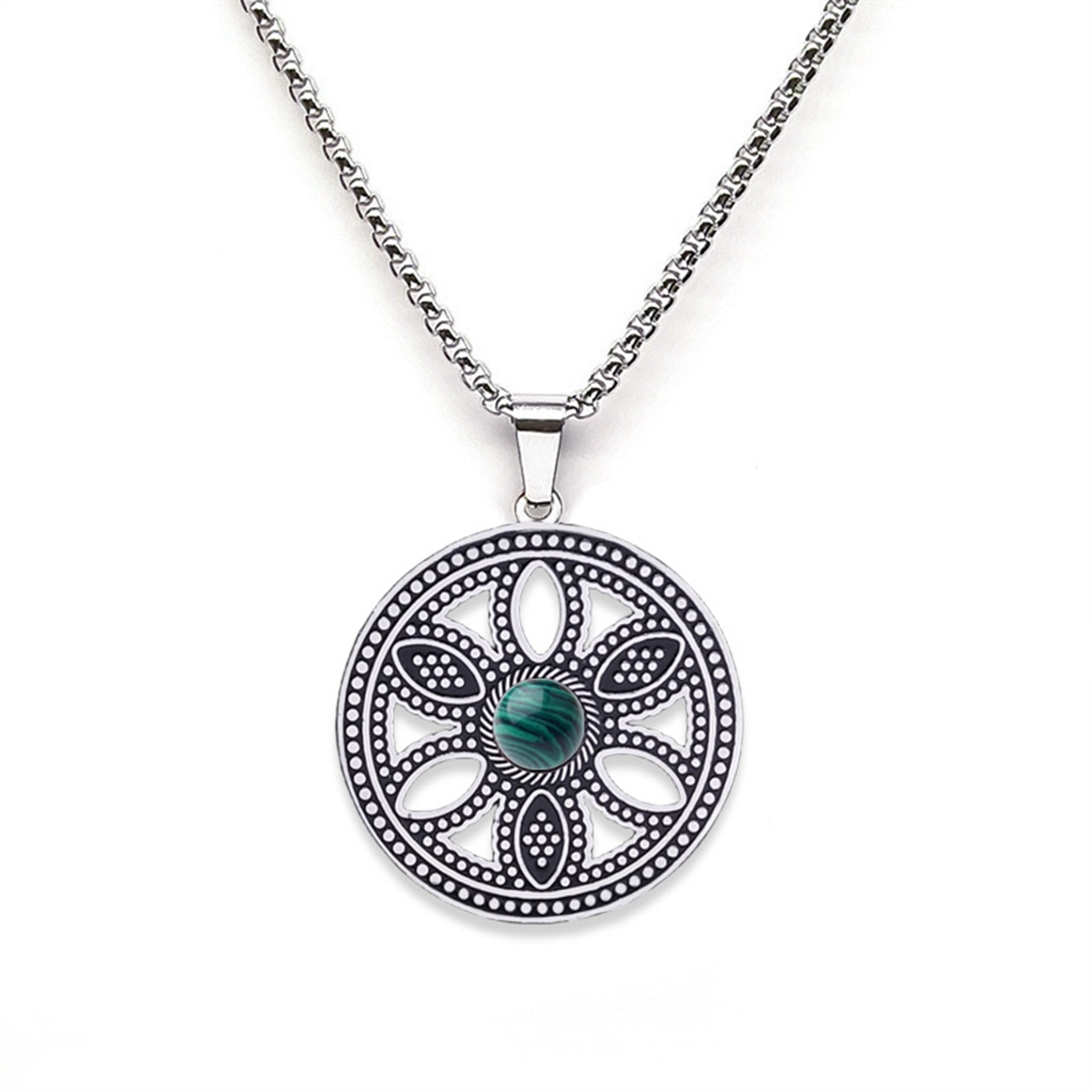 Hollow Round Flower Stainless Steel Necklace Natural Gemstone Cabs Pendant With 50CM Chain