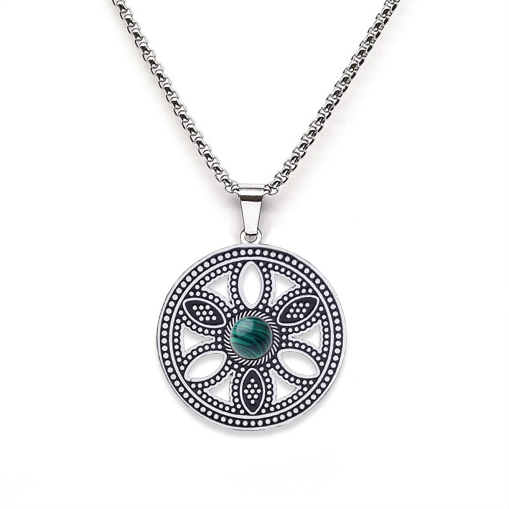 Hollow Round Flower Stainless Steel Necklace Natural Gemstone Cabs Pendant With 50CM Chain