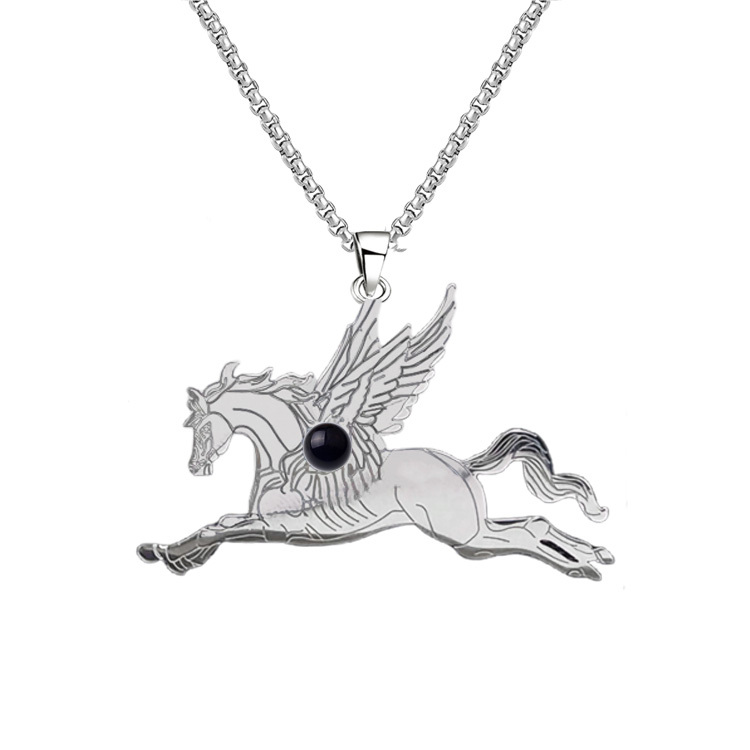 Natural Gemstone Cabochons Stainless Steel Pegasus & Flying Horse Pendant Necklace with 50CM Chain