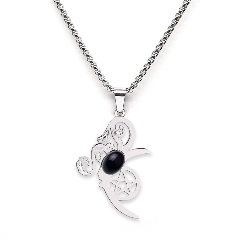 Moon Flower Stainless Steel Necklace  Natural Gemstone Cabs Pendant With 50CM Chain