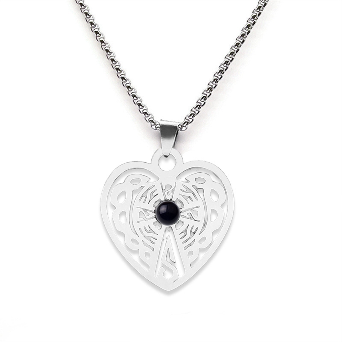 Heart Stainless Steel Necklace  Natural Gemstone Cabs Pendant With 50CM Chain
