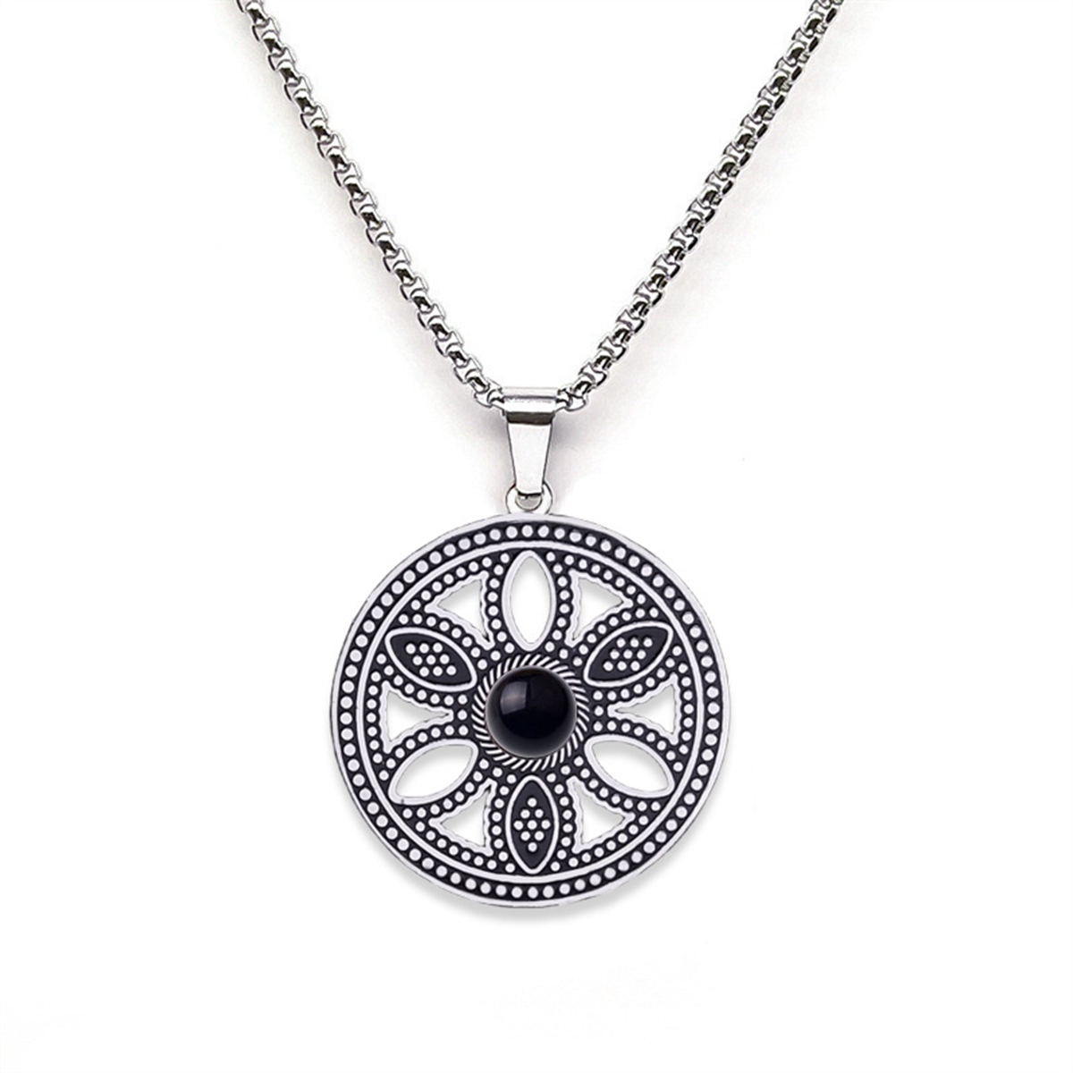 Hollow Round Flower Stainless Steel Necklace Natural Gemstone Cabs Pendant With 50CM Chain