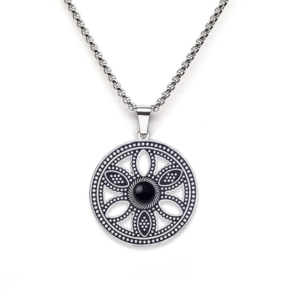Hollow Round Flower Stainless Steel Necklace Natural Gemstone Cabs Pendant With 50CM Chain