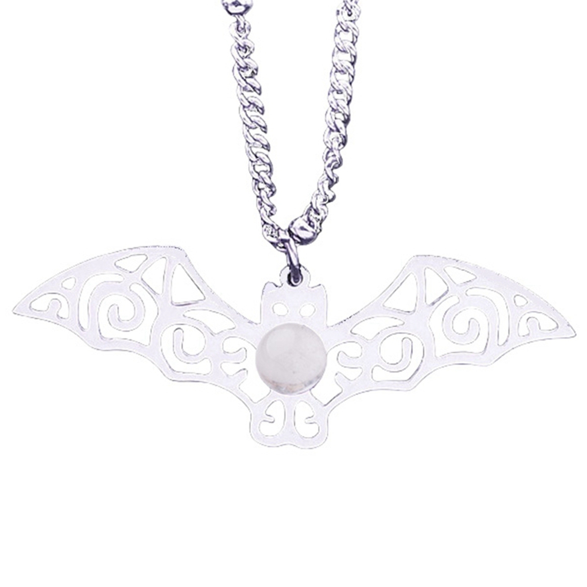 Natural Gemstone Cabochons Stainless Steel Bat Goddess Talisman Pendant Necklace with 50CM Chain