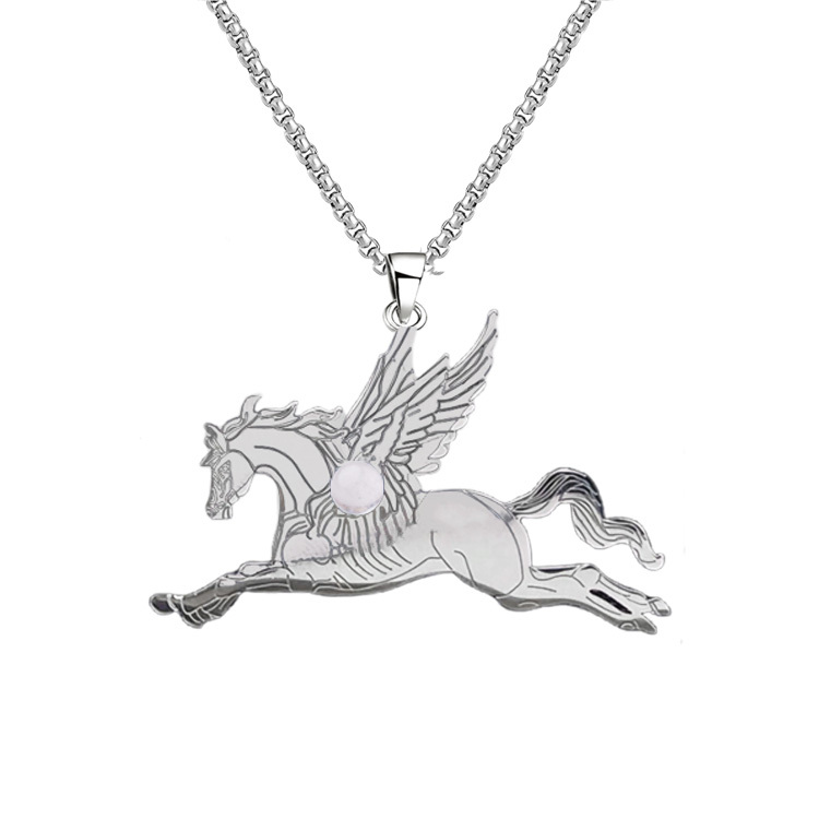 Natural Gemstone Cabochons Stainless Steel Pegasus & Flying Horse Pendant Necklace with 50CM Chain