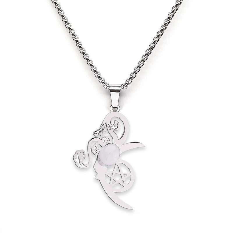 Moon Flower Stainless Steel Necklace  Natural Gemstone Cabs Pendant With 50CM Chain