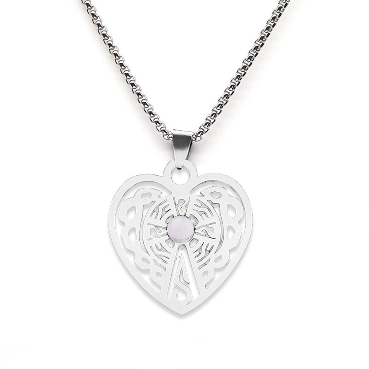 Heart Stainless Steel Necklace  Natural Gemstone Cabs Pendant With 50CM Chain