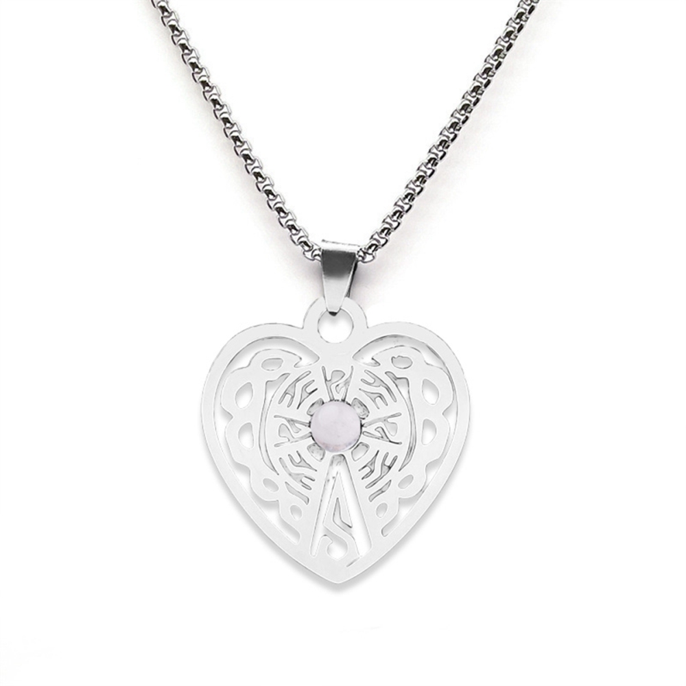 Heart Stainless Steel Necklace  Natural Gemstone Cabs Pendant With 50CM Chain