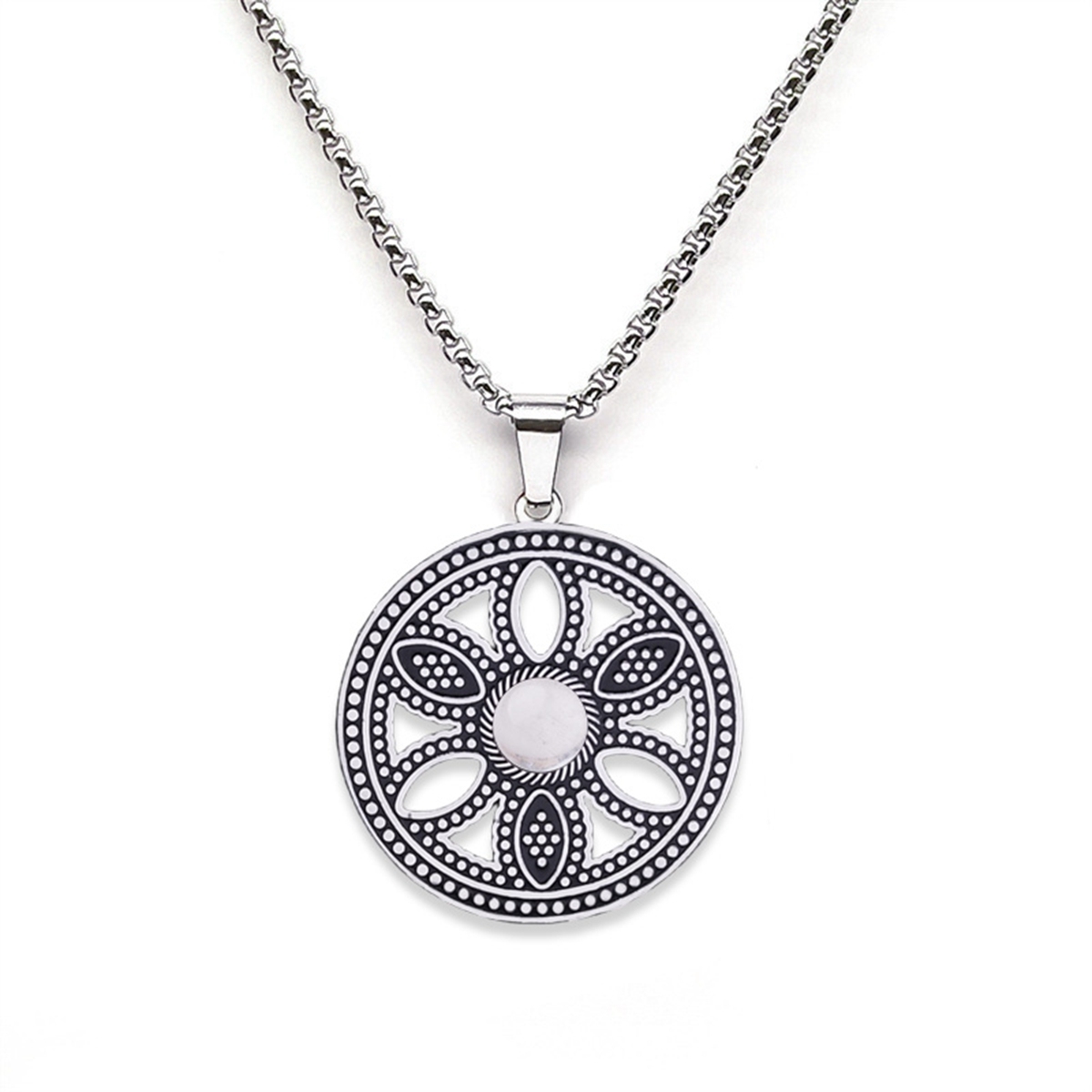 Hollow Round Flower Stainless Steel Necklace Natural Gemstone Cabs Pendant With 50CM Chain