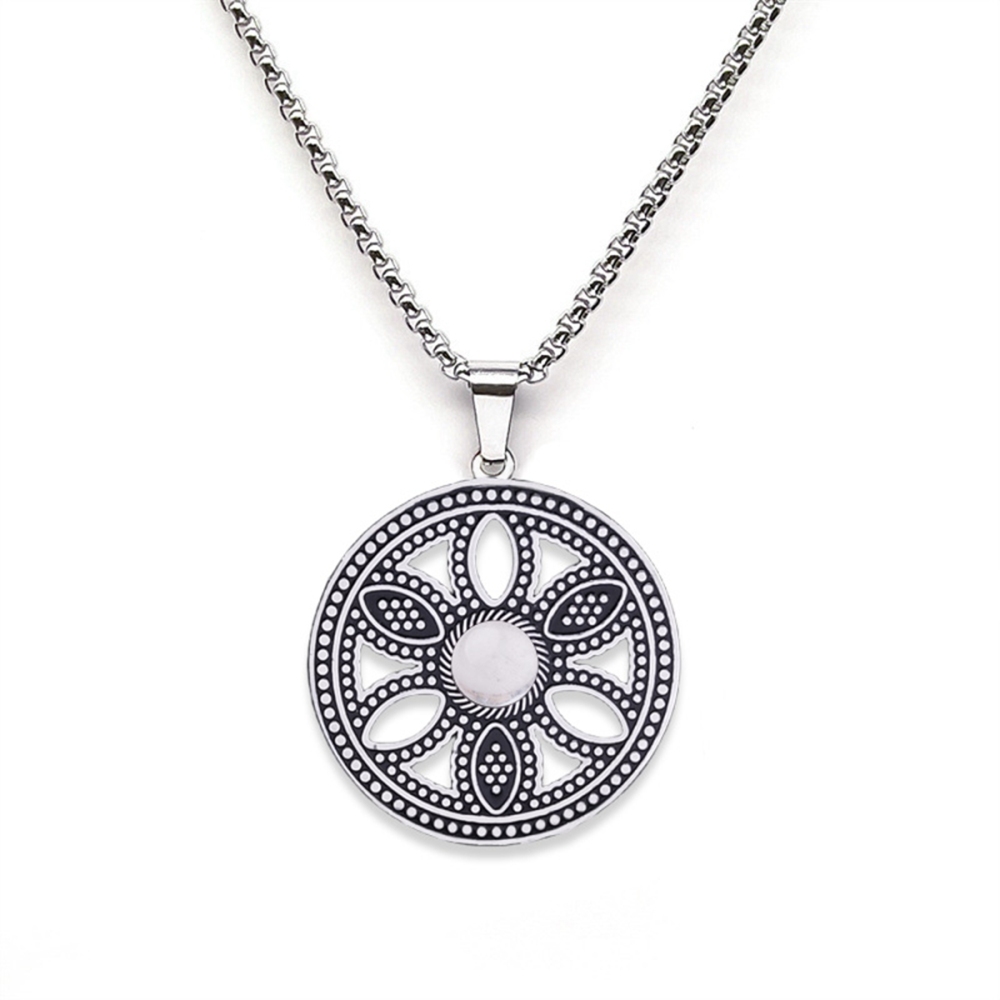 Hollow Round Flower Stainless Steel Necklace Natural Gemstone Cabs Pendant With 50CM Chain