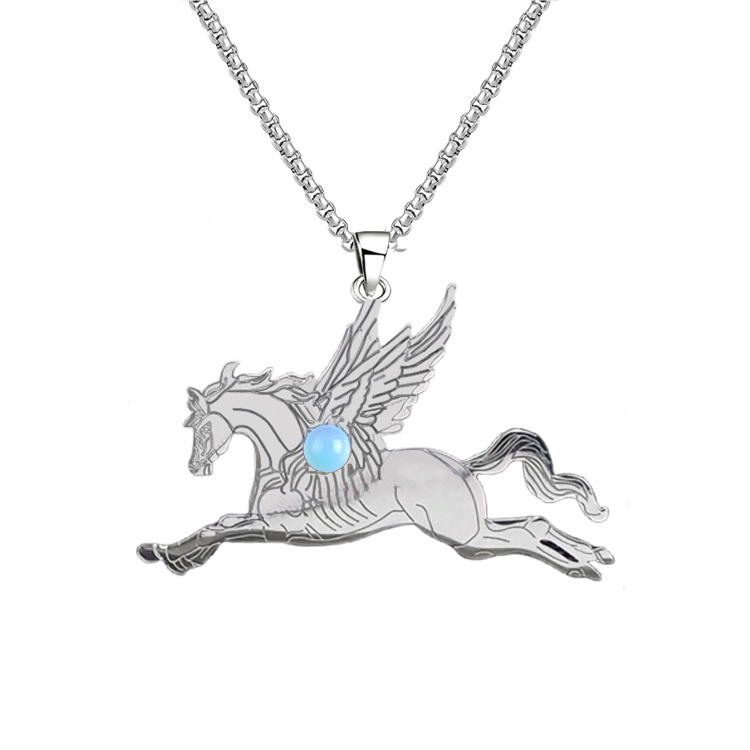 Natural Gemstone Cabochons Stainless Steel Pegasus & Flying Horse Pendant Necklace with 50CM Chain