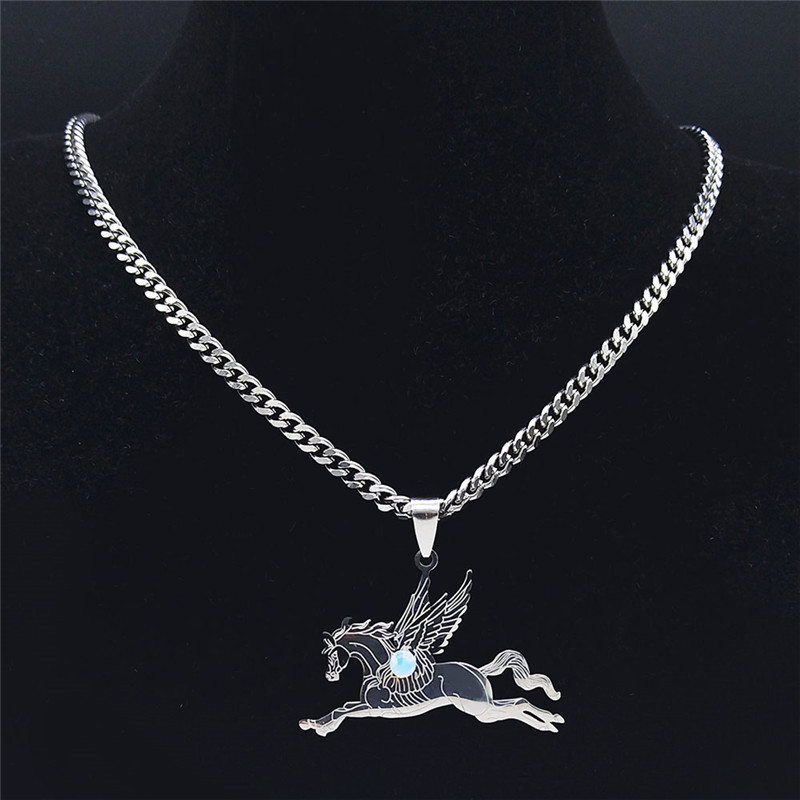 Natural Gemstone Cabochons Stainless Steel Pegasus & Flying Horse Pendant Necklace with 50CM Chain