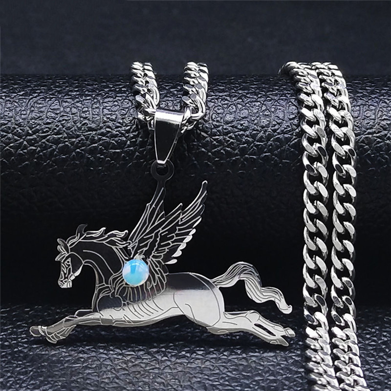 Natural Gemstone Cabochons Stainless Steel Pegasus & Flying Horse Pendant Necklace with 50CM Chain