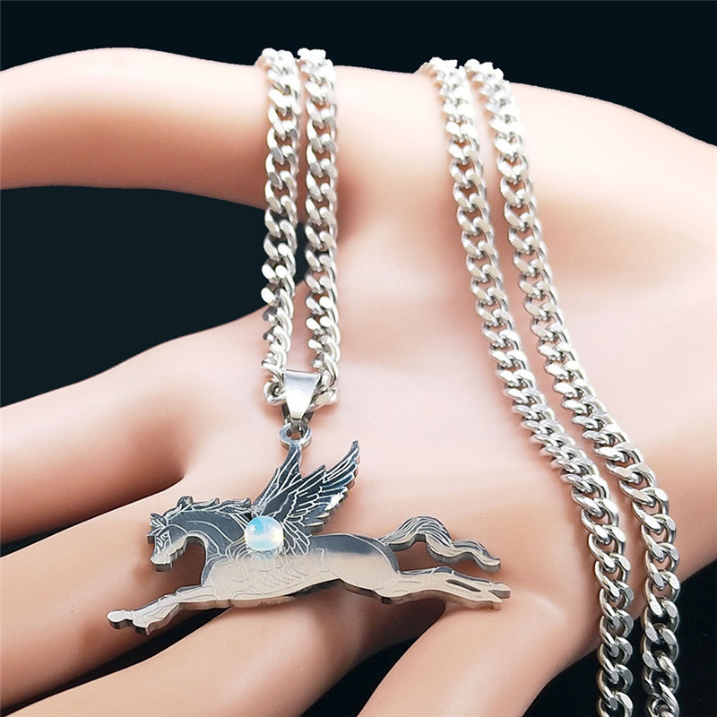 Natural Gemstone Cabochons Stainless Steel Pegasus & Flying Horse Pendant Necklace with 50CM Chain