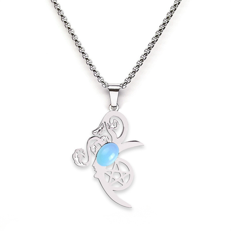 Moon Flower Stainless Steel Necklace  Natural Gemstone Cabs Pendant With 50CM Chain