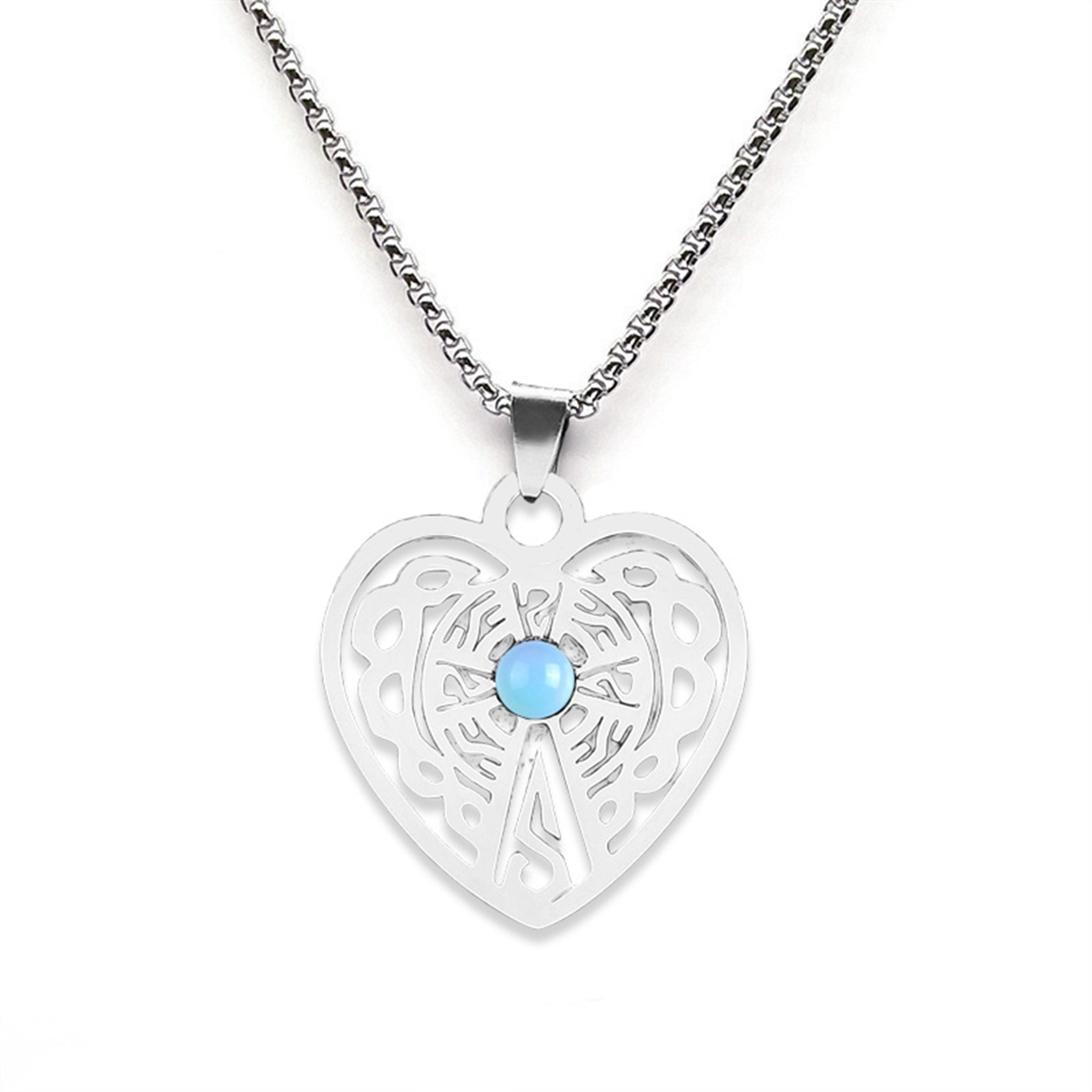 Heart Stainless Steel Necklace  Natural Gemstone Cabs Pendant With 50CM Chain
