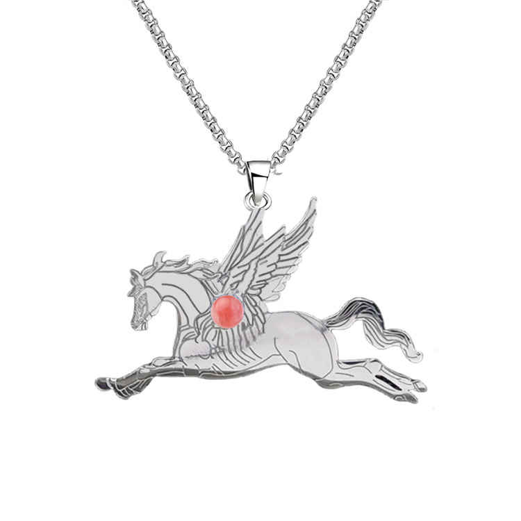 Natural Gemstone Cabochons Stainless Steel Pegasus & Flying Horse Pendant Necklace with 50CM Chain