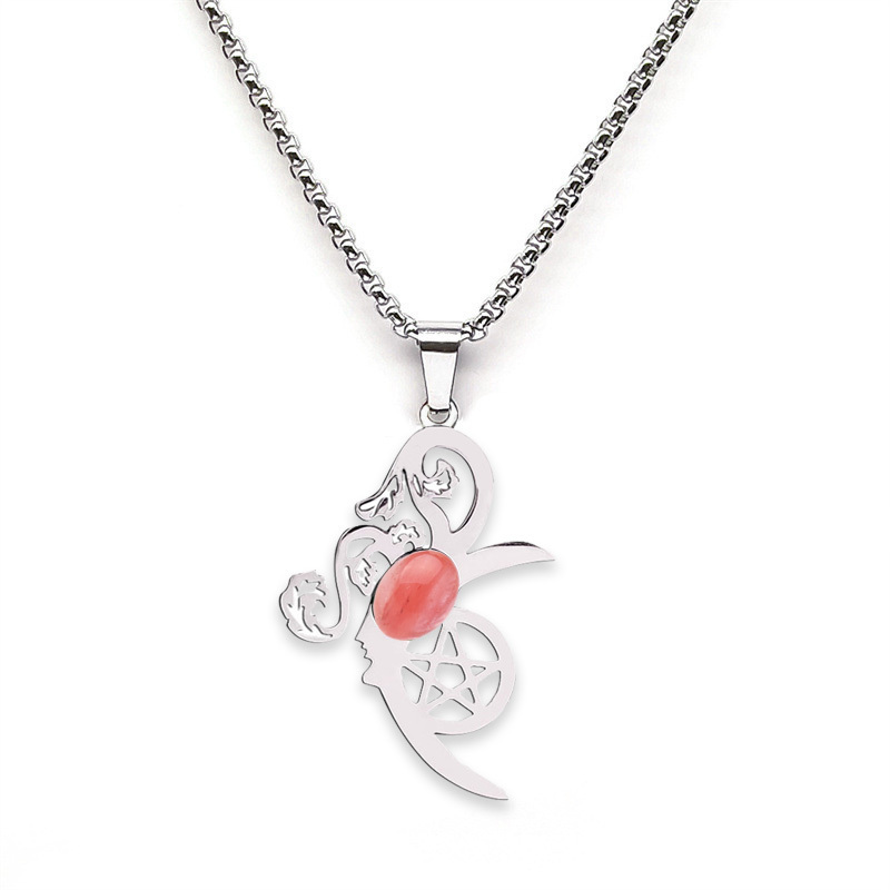 Moon Flower Stainless Steel Necklace  Natural Gemstone Cabs Pendant With 50CM Chain