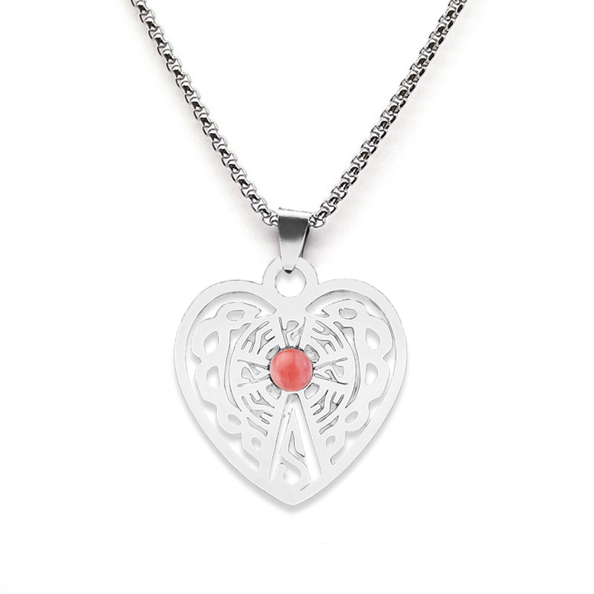 Heart Stainless Steel Necklace  Natural Gemstone Cabs Pendant With 50CM Chain