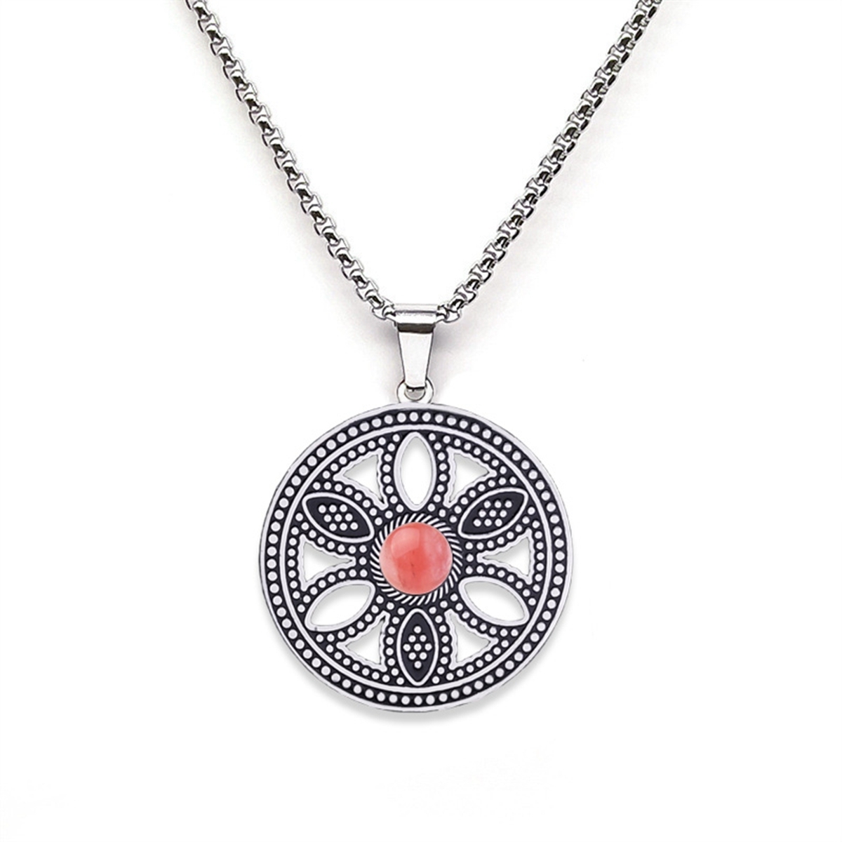 Hollow Round Flower Stainless Steel Necklace Natural Gemstone Cabs Pendant With 50CM Chain