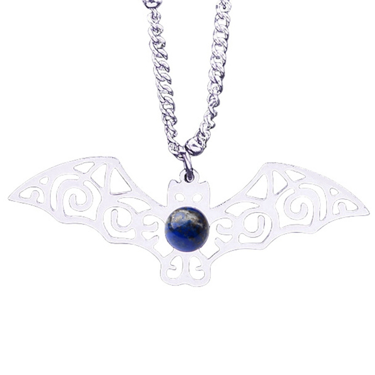 Natural Gemstone Cabochons Stainless Steel Bat Goddess Talisman Pendant Necklace with 50CM Chain