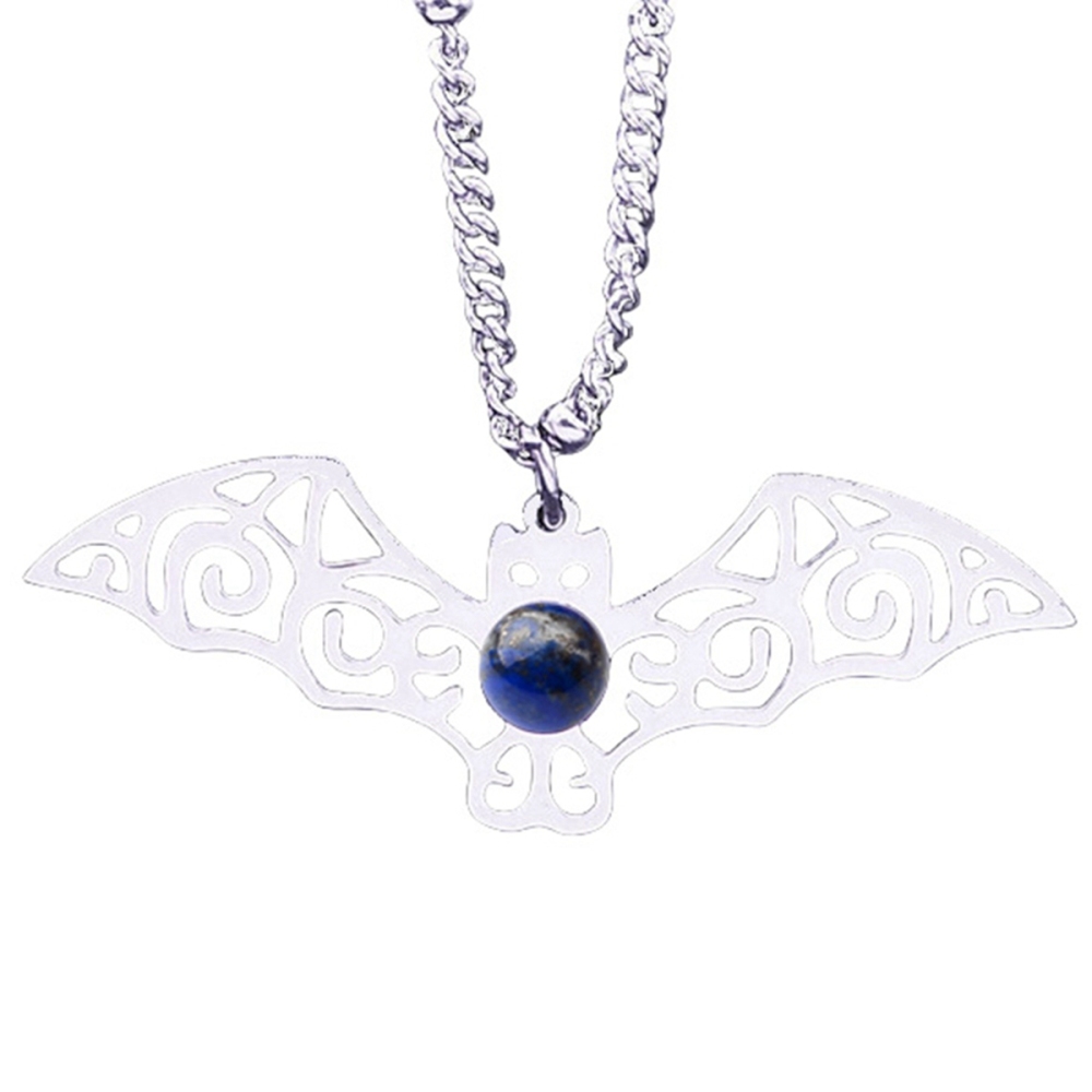 Natural Gemstone Cabochons Stainless Steel Bat Goddess Talisman Pendant Necklace with 50CM Chain