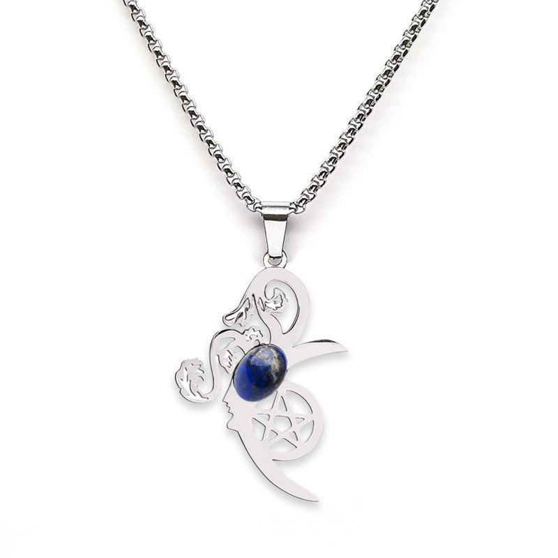 Moon Flower Stainless Steel Necklace  Natural Gemstone Cabs Pendant With 50CM Chain