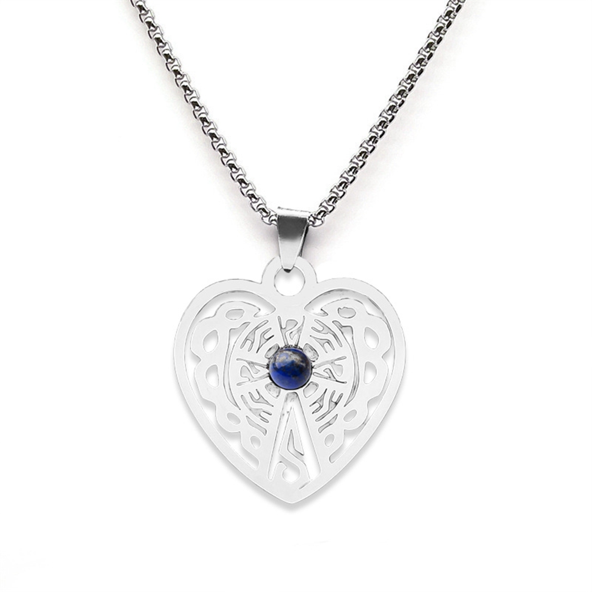 Heart Stainless Steel Necklace  Natural Gemstone Cabs Pendant With 50CM Chain