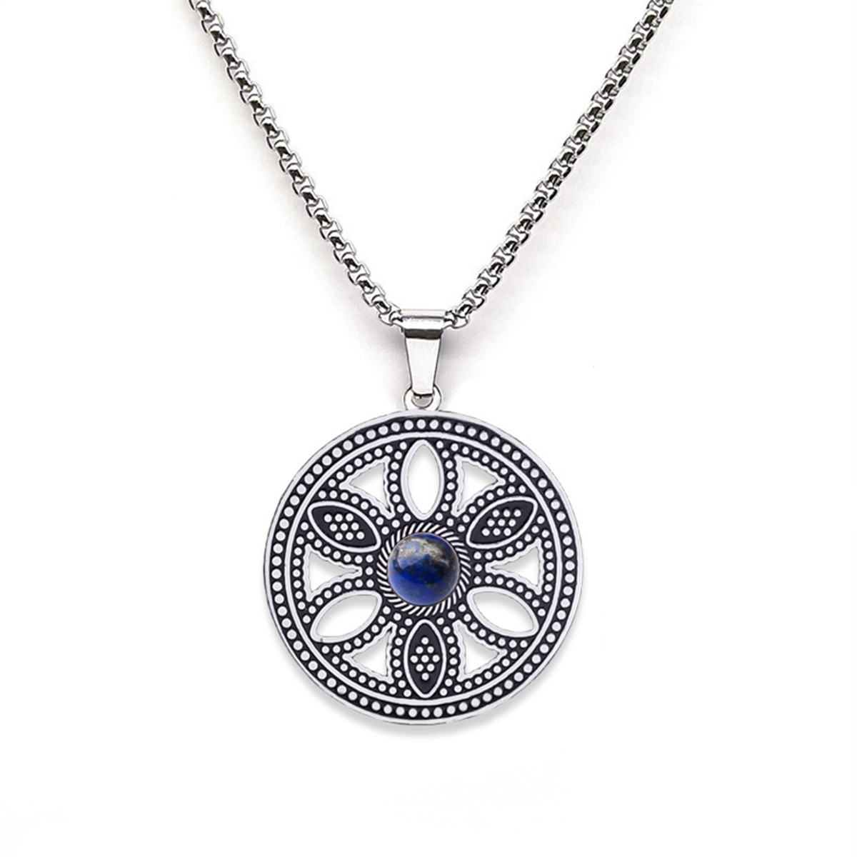 Hollow Round Flower Stainless Steel Necklace Natural Gemstone Cabs Pendant With 50CM Chain