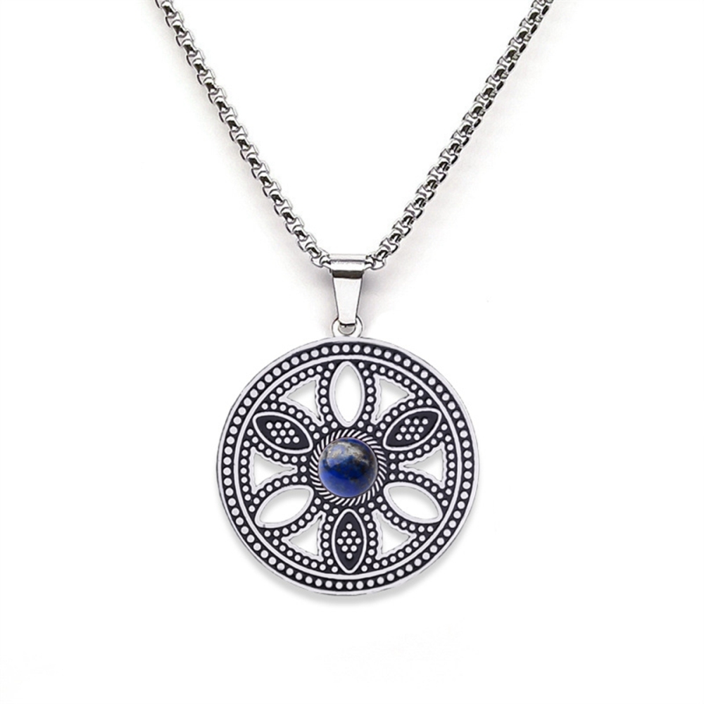 Hollow Round Flower Stainless Steel Necklace Natural Gemstone Cabs Pendant With 50CM Chain