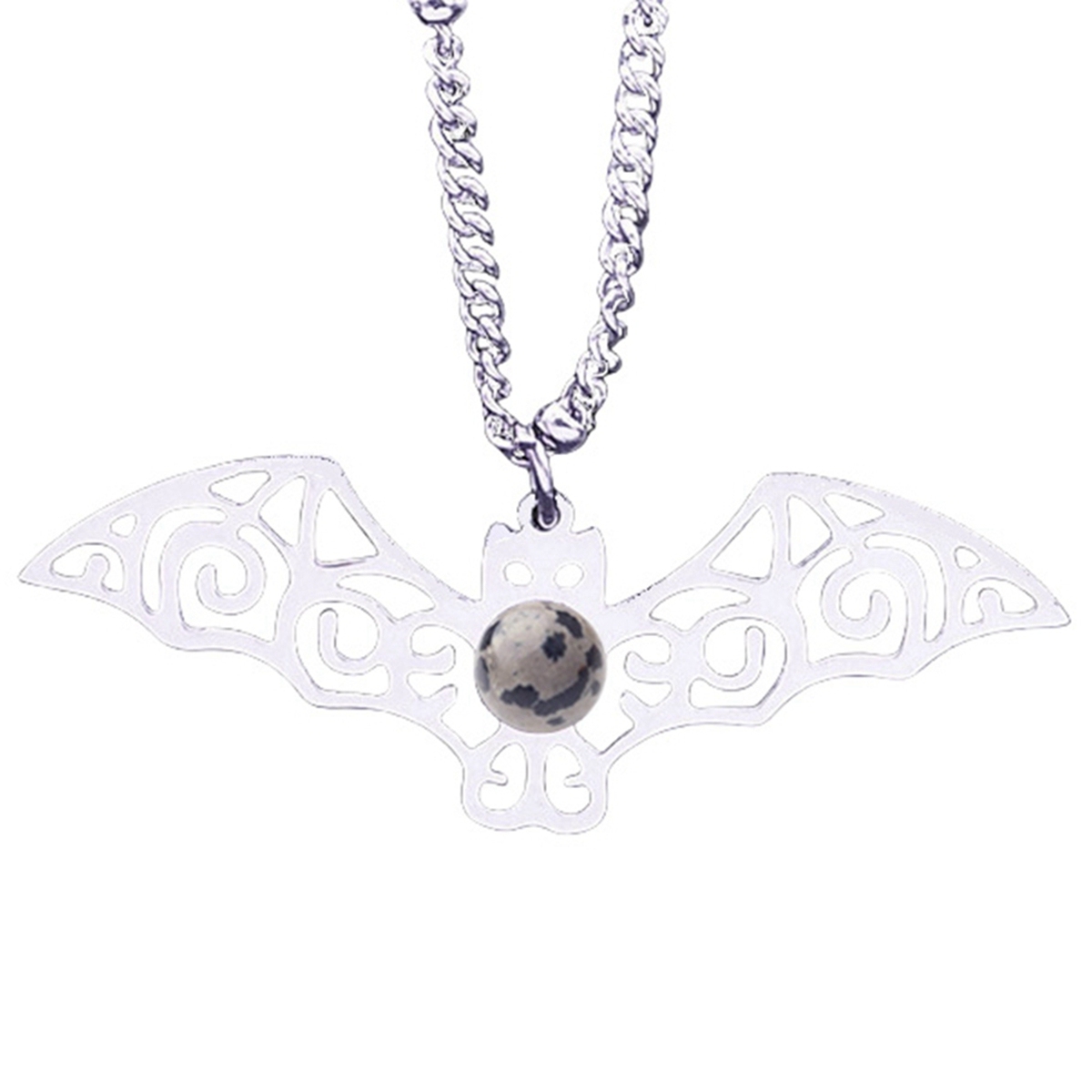 Natural Gemstone Cabochons Stainless Steel Bat Goddess Talisman Pendant Necklace with 50CM Chain