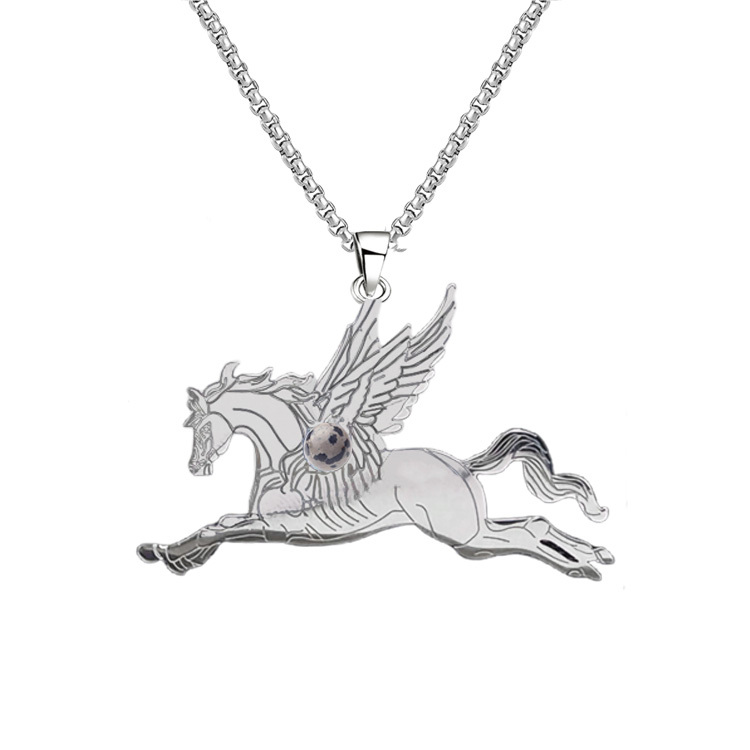 Natural Gemstone Cabochons Stainless Steel Pegasus & Flying Horse Pendant Necklace with 50CM Chain