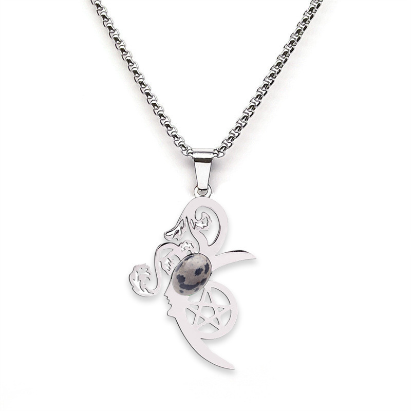 Moon Flower Stainless Steel Necklace  Natural Gemstone Cabs Pendant With 50CM Chain