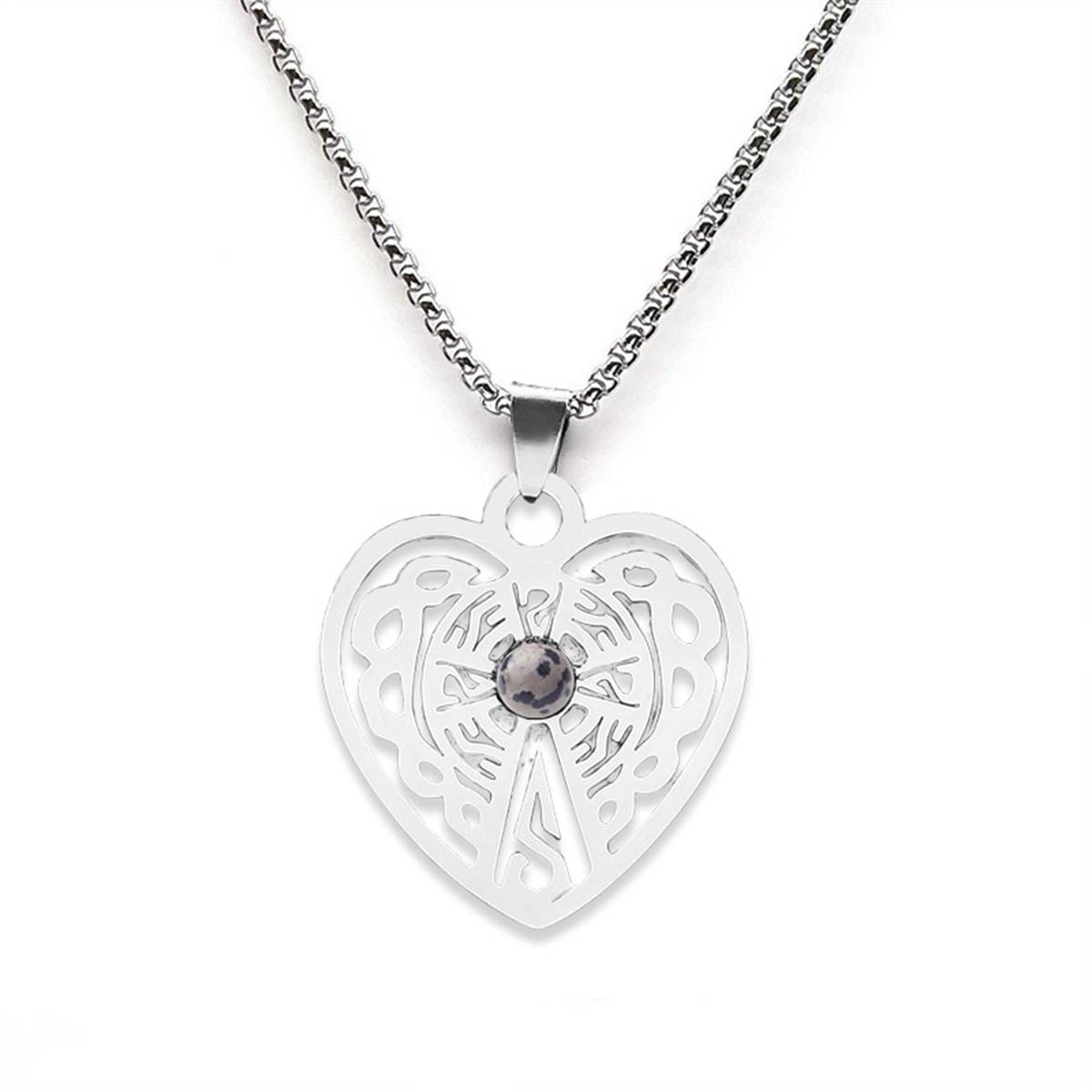 Heart Stainless Steel Necklace  Natural Gemstone Cabs Pendant With 50CM Chain