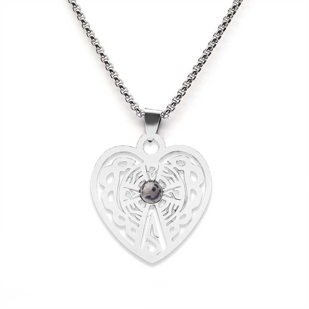 Heart Stainless Steel Necklace  Natural Gemstone Cabs Pendant With 50CM Chain