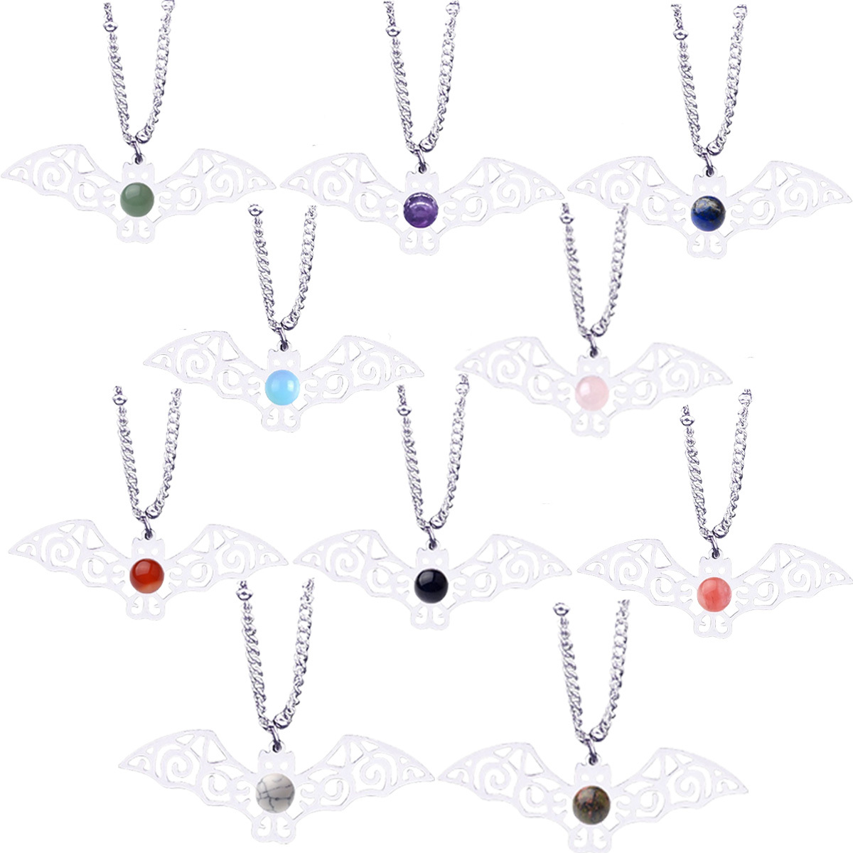 Natural Gemstone Cabochons Stainless Steel Bat Goddess Talisman Pendant Necklace with 50CM Chain