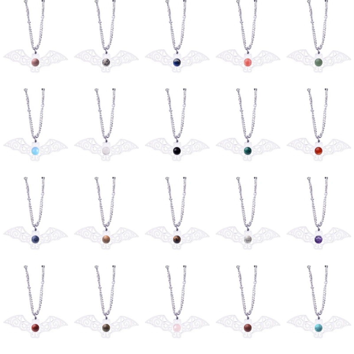 Natural Gemstone Cabochons Stainless Steel Bat Goddess Talisman Pendant Necklace with 50CM Chain