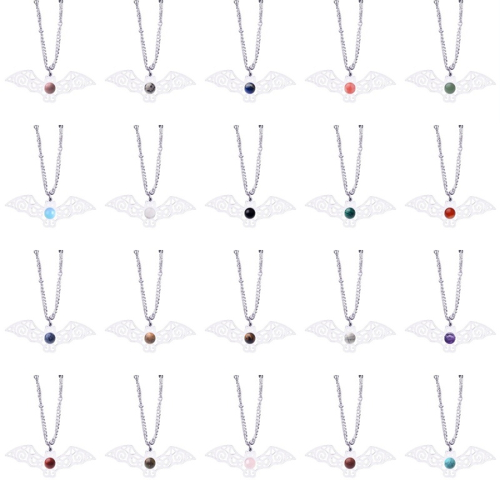 Natural Gemstone Cabochons Stainless Steel Bat Goddess Talisman Pendant Necklace with 50CM Chain