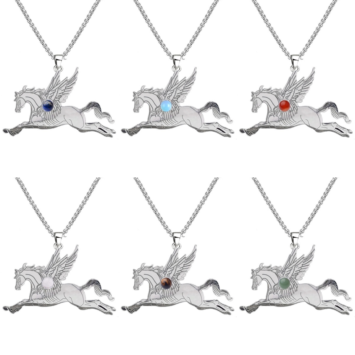 Natural Gemstone Cabochons Stainless Steel Pegasus & Flying Horse Pendant Necklace with 50CM Chain