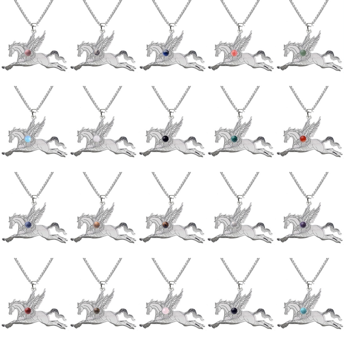 Natural Gemstone Cabochons Stainless Steel Pegasus & Flying Horse Pendant Necklace with 50CM Chain